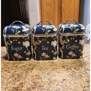 Laura Ashley Blue Floral Metal Square Coffee Tea Sugar Canister Set of 3